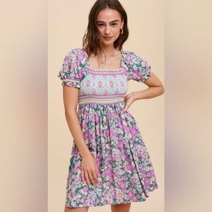 Aniky Green Palm Border Print Smocked Mini Dress